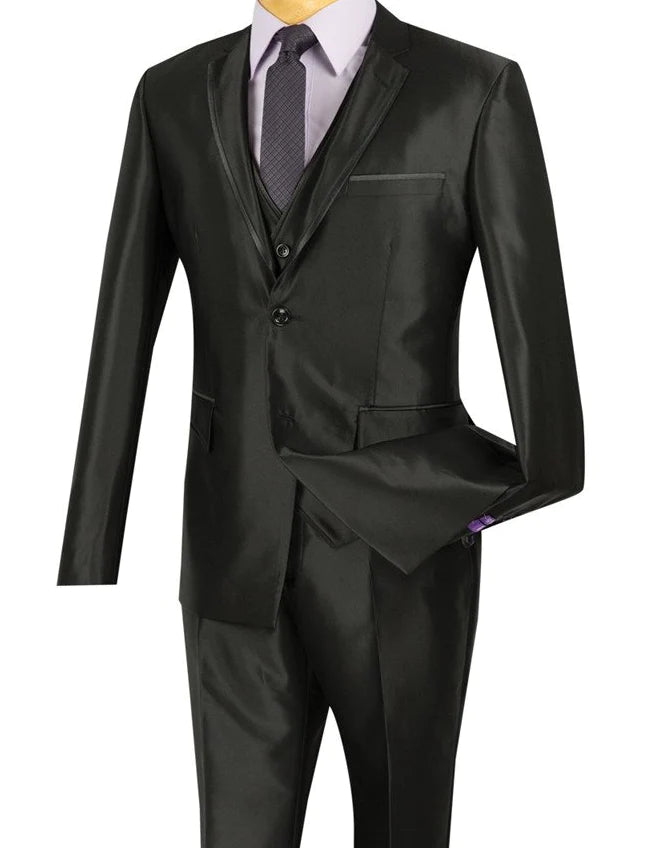 Designed Shiny Sharkskin Suit Ultra Slim Fit 3 Piece in Black - Suits99