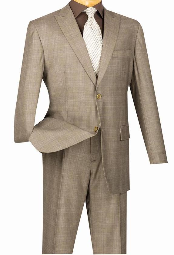 Pommy Collection - Men's Glen Plaid Dress Suit 2 Piece Regular Fit in Tan - Suits99