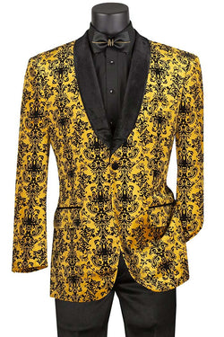 Gold Regular Fit Embossed Damask Print Velvet Jacket Shawl Lapel - Suits99