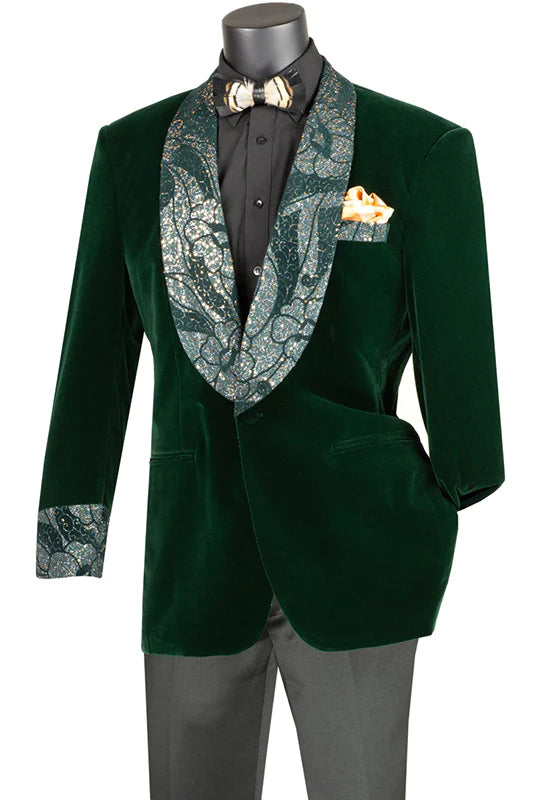 Emerald Green Regular Fit Velvet Jacket with Wide Shawl Lapel and Cuffs - Suits99