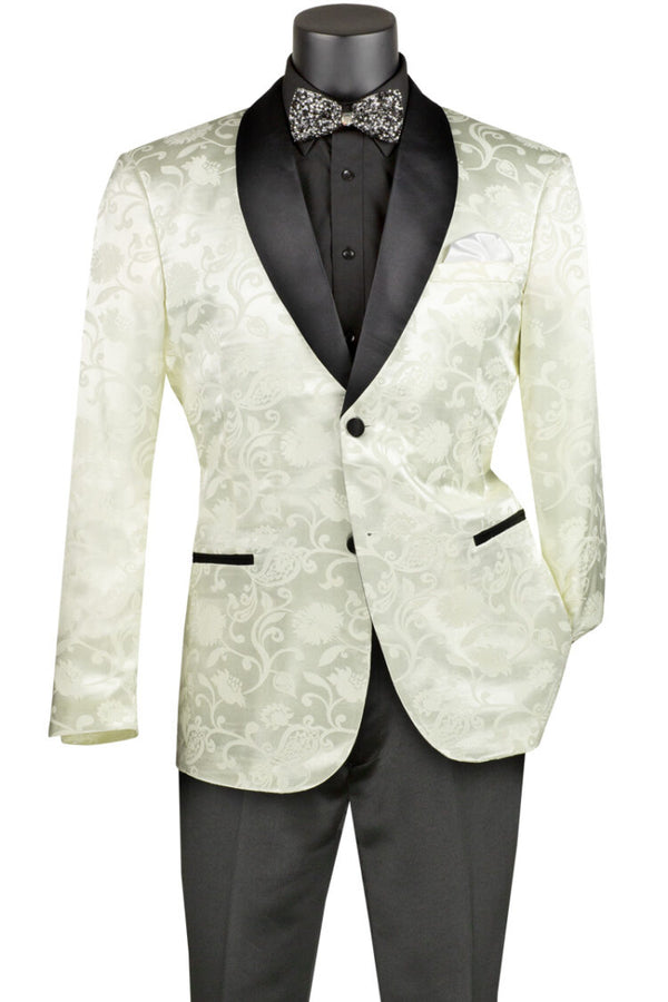 Slim Fit Silky Jacquard Fabric Sport Coat Single Breasted 2 Buttons with Bow Tie Ivory