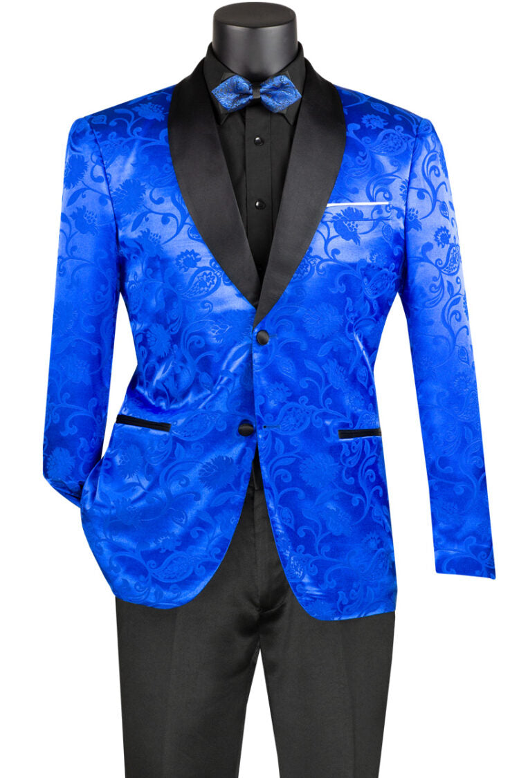 Slim Fit Silky Jacquard Fabric Sport Coat Single Breasted 2 Buttons with Bow Tie Royal
