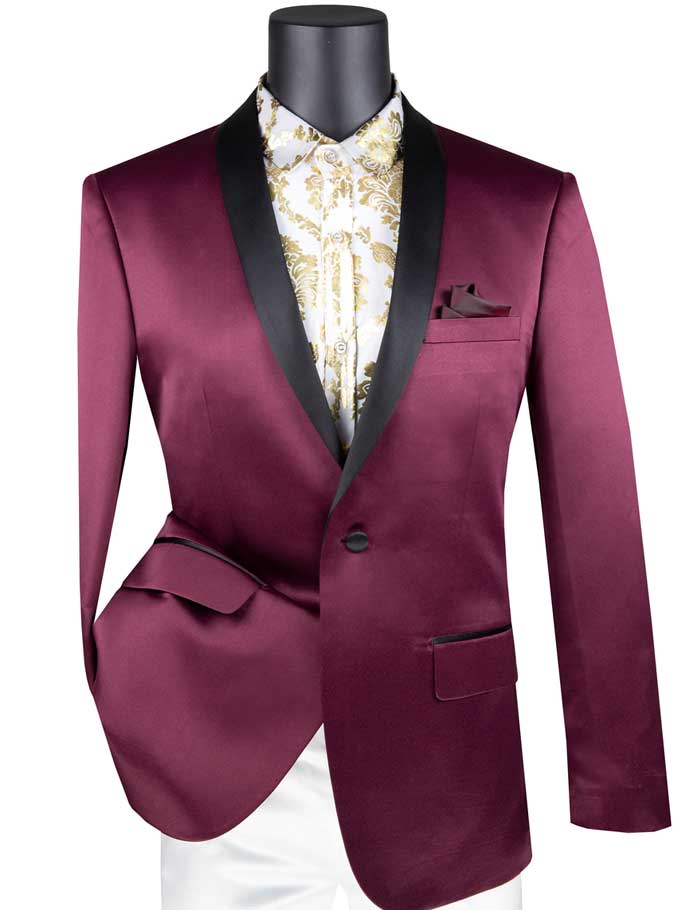 Wine Slim Fit Blazer Stretch Sateen 1 Button With Narrow Shawl Lapel