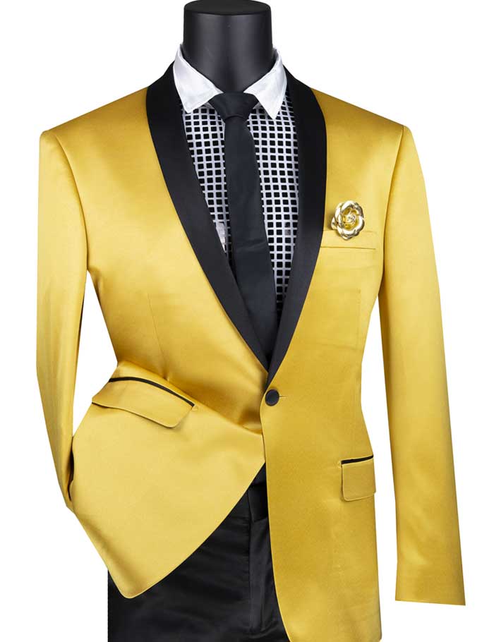 Gold Slim Fit Blazer Stretch Sateen 1 Button With Narrow Shawl Lapel