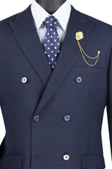 Navy Double Breasted 2 Piece Suit Regular Fit Tone on Tone Windowpane