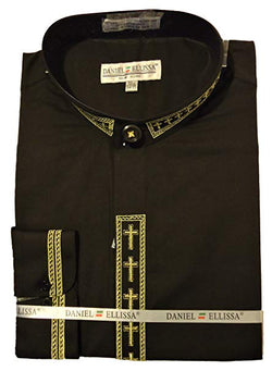 Men's Banded Collar Embroidered Shirt in Black/Gold