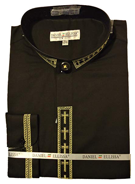 Men's Banded Collar Embroidered Shirt in Black/Gold - Suits99