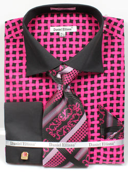 French Cuff Checker Pattern Cotton Shirt in Black/Fuchsia with Tie, Cuff Links and Handkerchief - Suits99