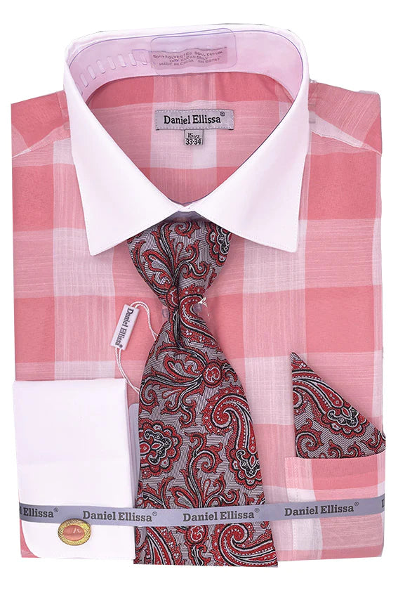 Coral Tone on Tone Check Printed Dress Shirt Set with Tie and Handkerchief - Suits99