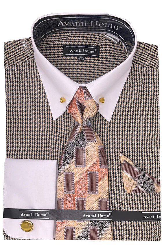 Beige Houndstooth Dress Shirt Set with Cuff - Suits99
