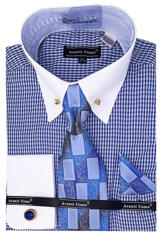Blue Houndstooth Dress Shirt Set with Cuff - Suits99