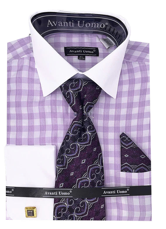 Lilac Check Dress Shirt Set with Cuff - Suits99