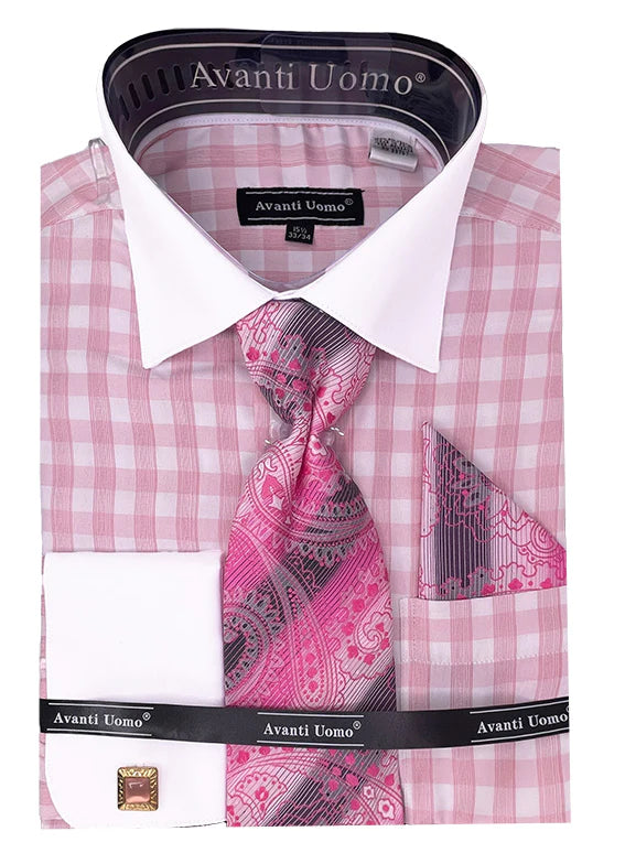 Pink Check Dress Shirt Set with Cuff - Suits99