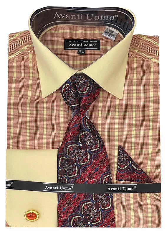 Red Tone on Tone Check Pattern Dress Shirt Set with Cuff - Suits99