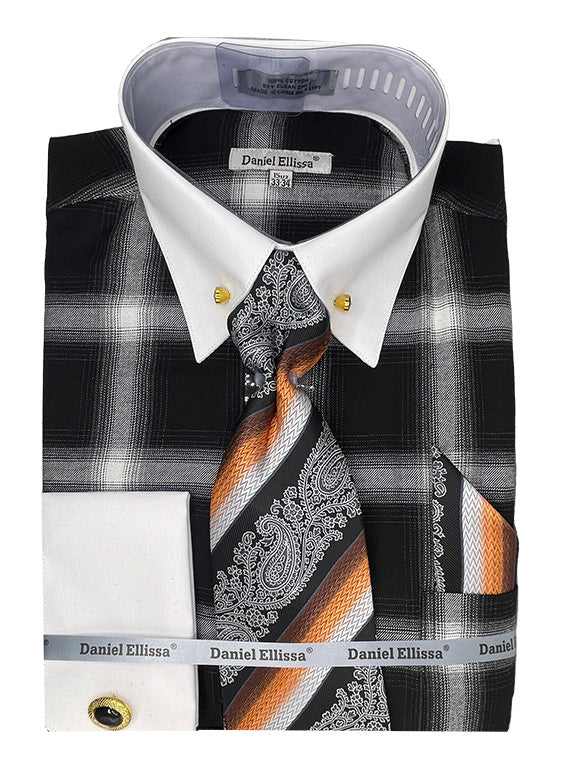 Black Tone on Tone Check Printed Dress Shirt Set with Tie and Handkerchief - Suits99