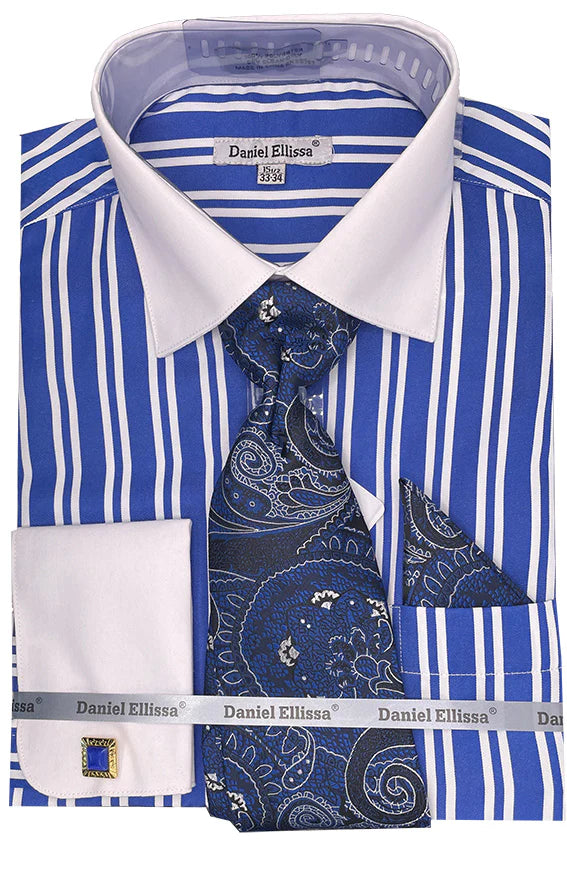 Royal Blue Striped Dress Shirt Set with Tie and Handkerchief - Suits99