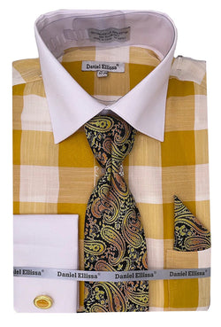 Mustard Tone on Tone Check Printed Dress Shirt Set with Tie and Handkerchief