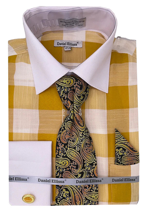 Mustard Tone on Tone Check Printed Dress Shirt Set with Tie and Handkerchief - Suits99