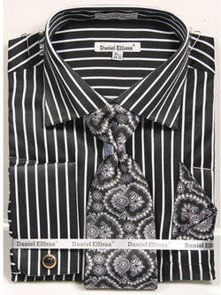 French Cuff Regular Fit Shirt Set Bold Stripe Black with Cuff Links, Tie and Hanky