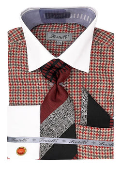 Red Plaid Dress Shirt Set with Tie and Handkerchief - Suits99