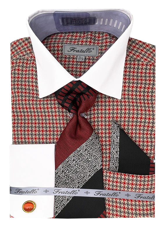 Red Plaid Dress Shirt Set with Tie and Handkerchief - Suits99