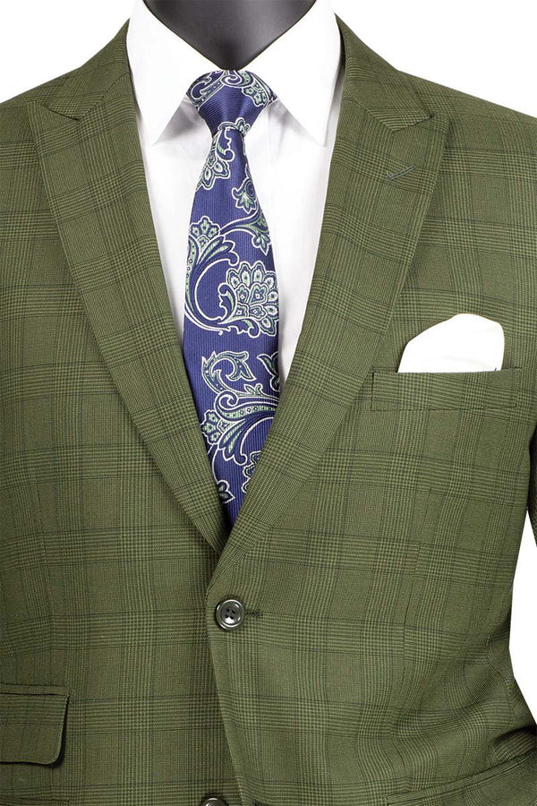Concord Collection - Modern Fit Windowpane Suit 2 Piece in Olive - Suits99