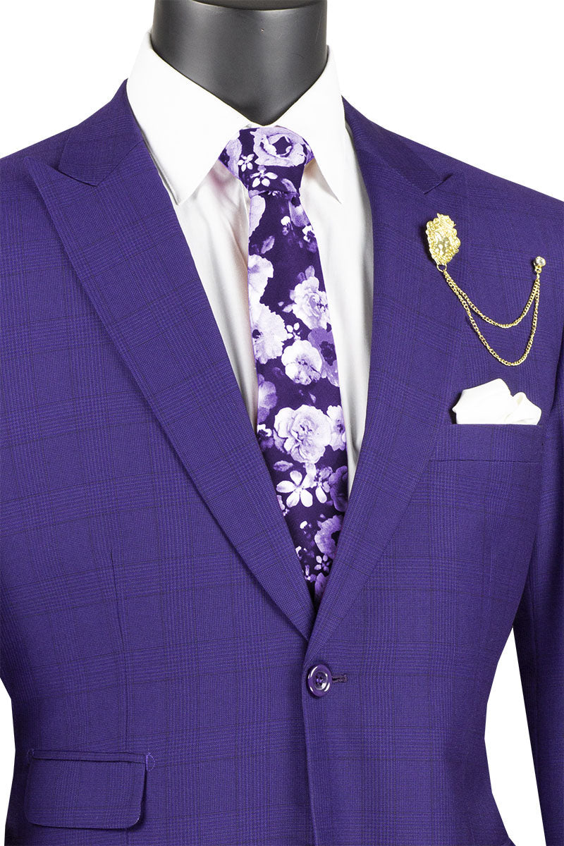 Concord Collection - Modern Fit Windowpane Suit 2 Piece in Purple - Suits99