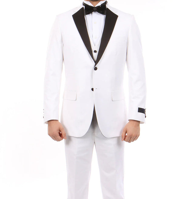 Solid White Modern Fit Tuxedo 3 Piece with Black Lapel 6 Button Vest - Suits99