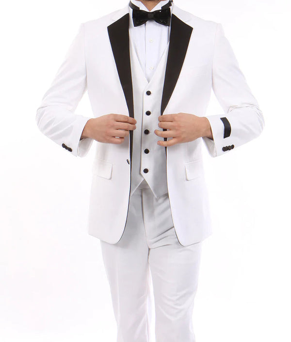 Solid White Modern Fit Tuxedo 3 Piece with Black Lapel 6 Button Vest - Suits99