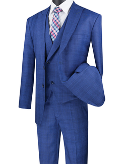 Modern Fit Windowpane Suit 3 Piece in  Blue