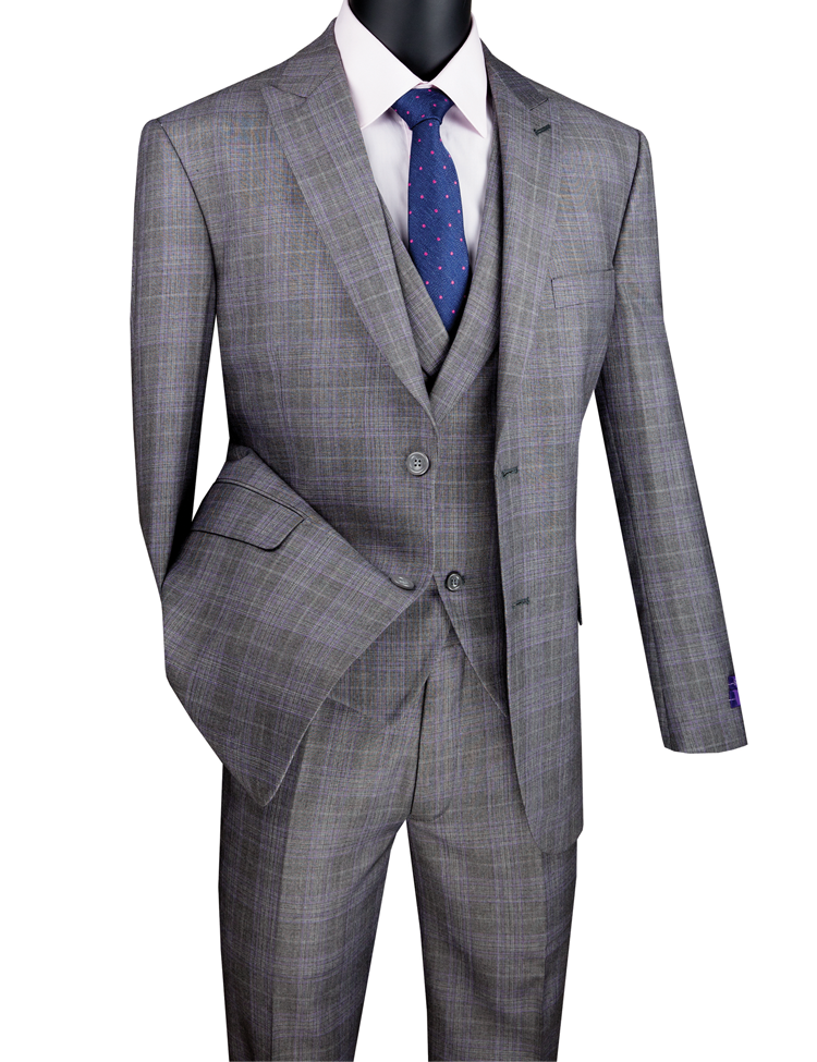 Modern Fit Windowpane Suit 3 Piece in  Grey