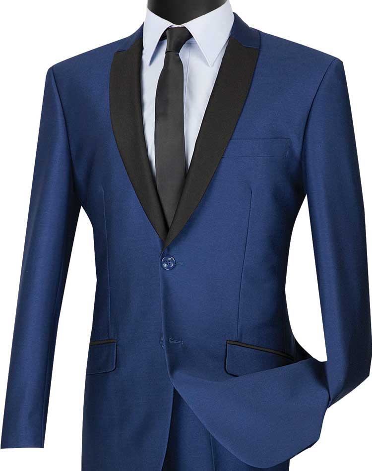 Slim Fit Shiny Sharkskin Men's 2 Piece Suit in Navy - Suits99