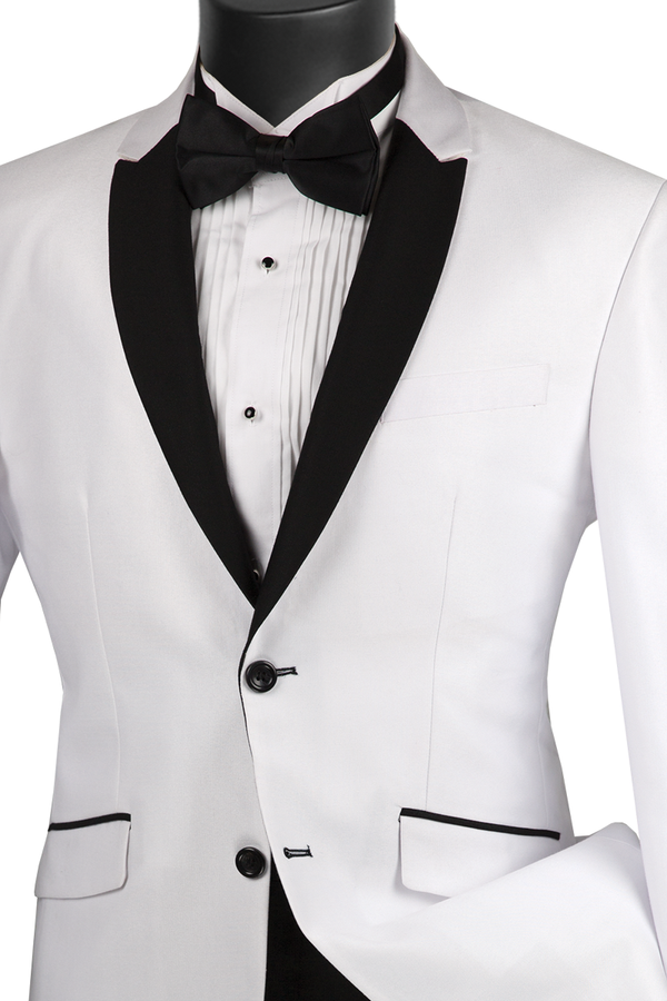 Slim Fit Shiny Sharkskin Men's 2 Piece Suit in White With Black Lapel