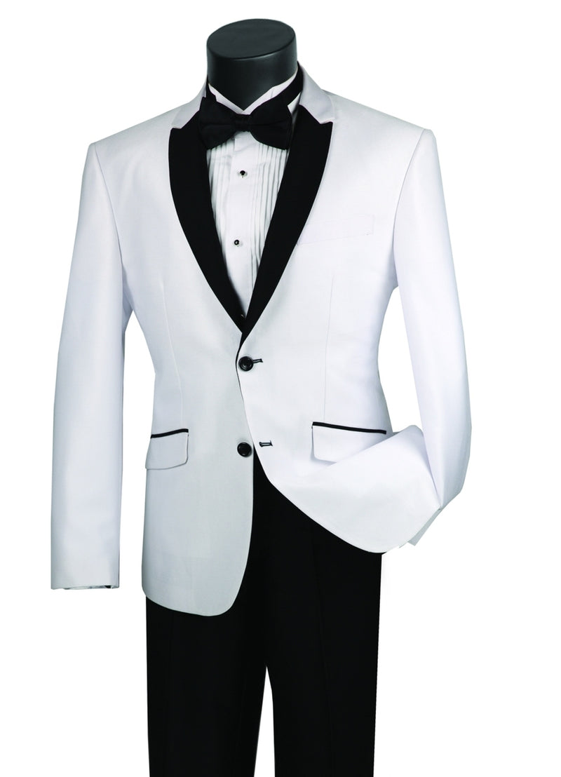 Slim Fit Shiny Sharkskin Men's 2 Piece Suit in White With Black Lapel