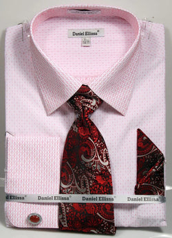 French Cuff Dress Shirt Regular Fit in White/Red with Tie, Cuff Links and Pocket Square