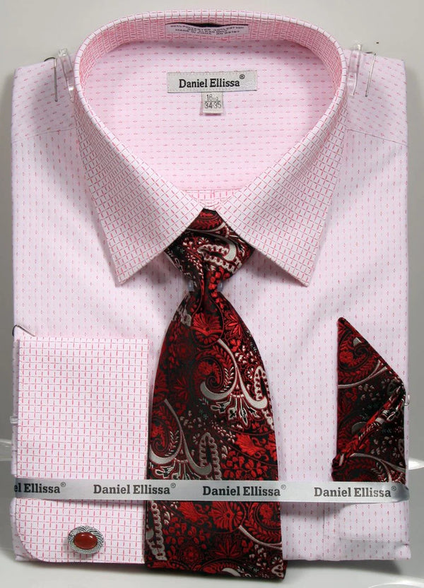 French Cuff Dress Shirt Regular Fit in White/Red with Tie, Cuff Links and Pocket Square - Suits99