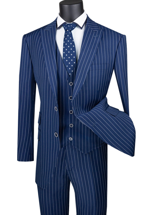 Blue Regular Fit 3 Piece Suit 2 Button Gangster Stripe