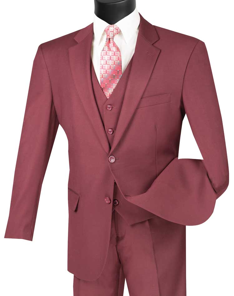 Regular Fit 3 Piece Suit 2 Button Maroon - Suits99