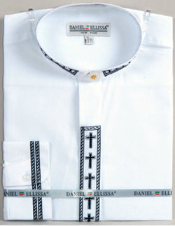 Men's Banded Collar Embroidered Shirt in White/Black - Suits99