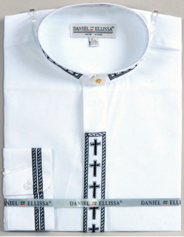 Men's Banded Collar Embroidered Shirt in White/Black