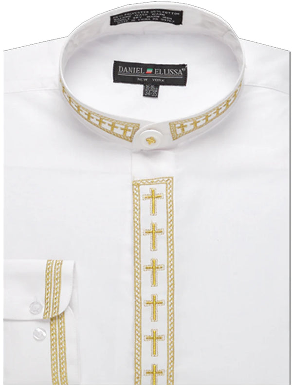 Men's Banded Collar Embroidered Shirt in White/Gold - Suits99
