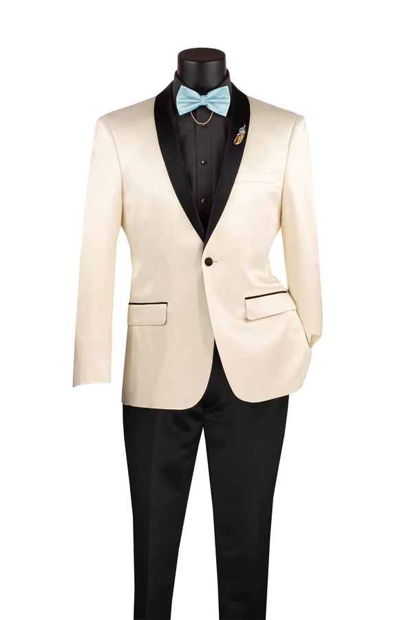 Champagne Beige  Slim Fit Blazer Stretch Sateen 1 Button With Narrow Shawl Lapel