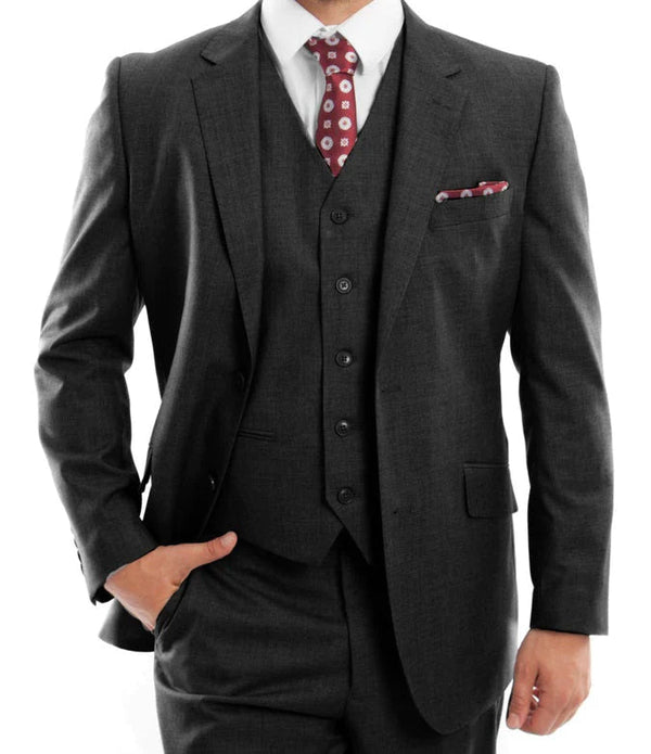 Wool Suit Modern Fit Italian Style 3 Piece in Black - Suits99