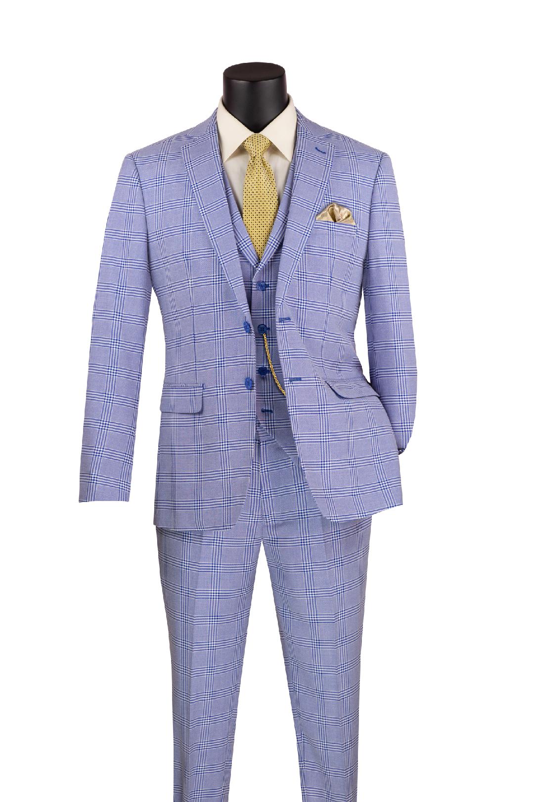 Glen plaid Slim Fit Suit 3 Piece 2 Button in Light Blue - Suits99