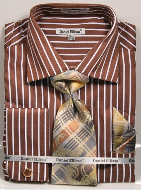 French Cuff Regular Fit Shirt Set Bold Stripe Brown with Tie, Cuff Links and Hanky