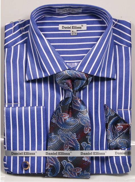French Cuff Regular Fit Shirt Set Bold Stripe Royal Blue with Tie, Cuff Links and Hanky - Suits99
