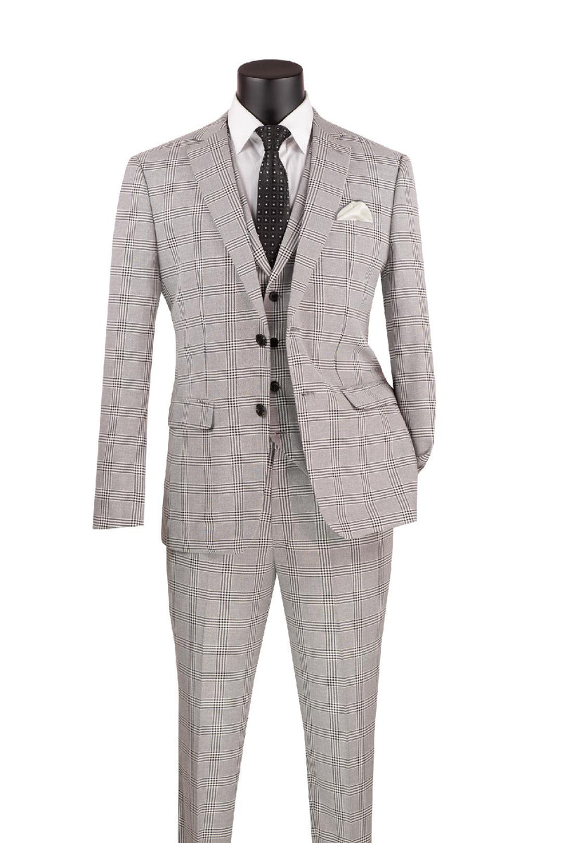 Glen plaid Slim Fit Suit 3 Piece 2 Button in Gray