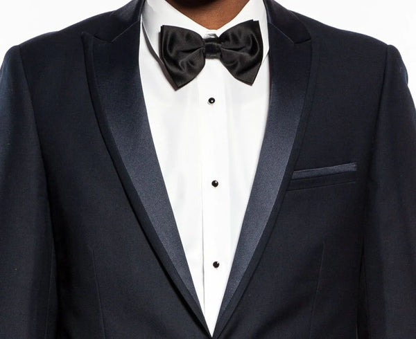 Navy Slim Fit Tuxedo 2 Piece with Satin Peak Lapel - Suits99