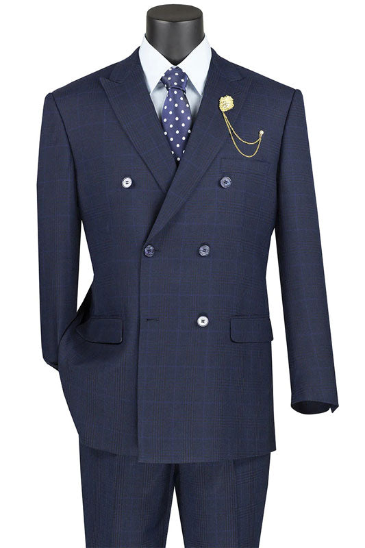 Navy Double Breasted 2 Piece Suit Regular Fit Tone on Tone Windowpane