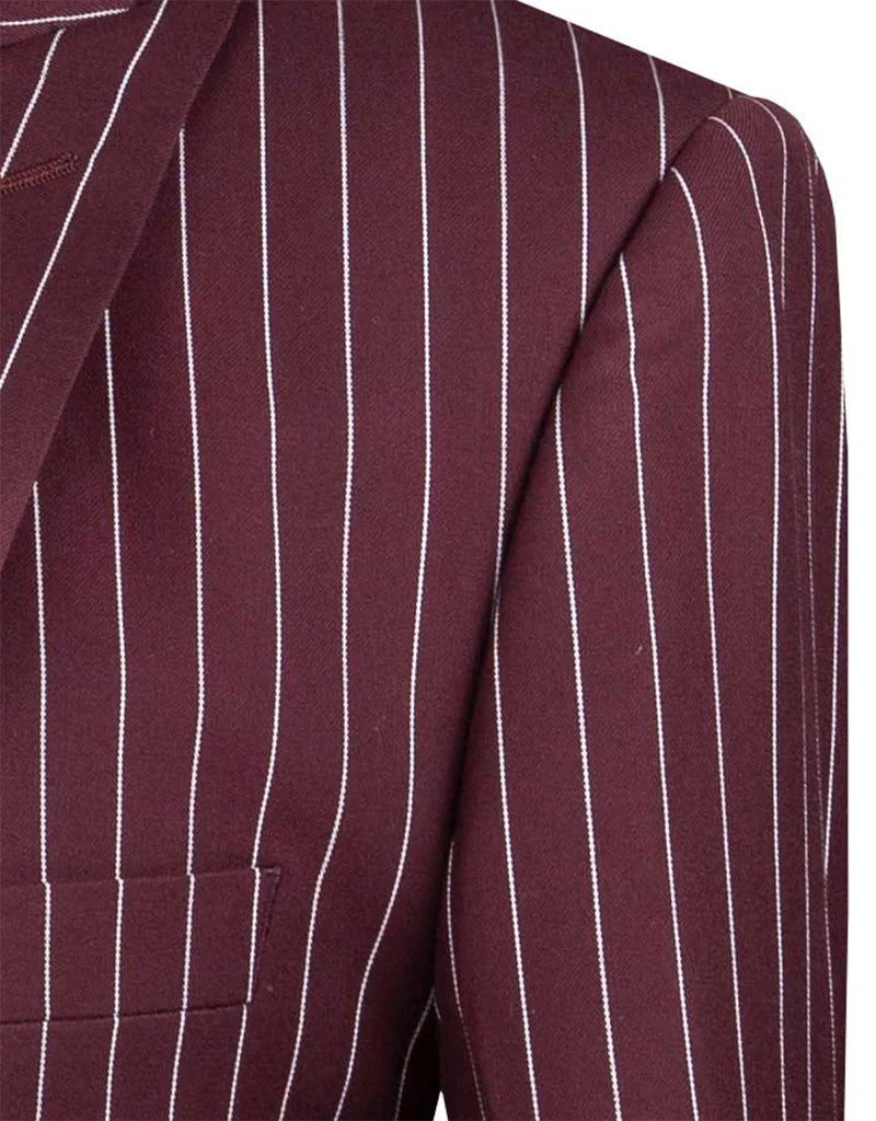 Burgundy Regular Fit 3 Piece Suit 2 Button Gangster Stripe